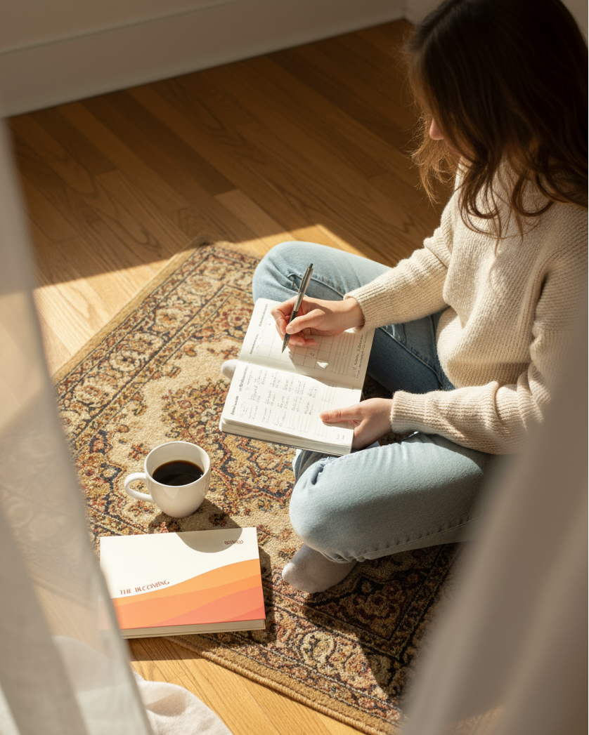 Person sitting on a patterned rug reading a book with a cup of coffee nearby.