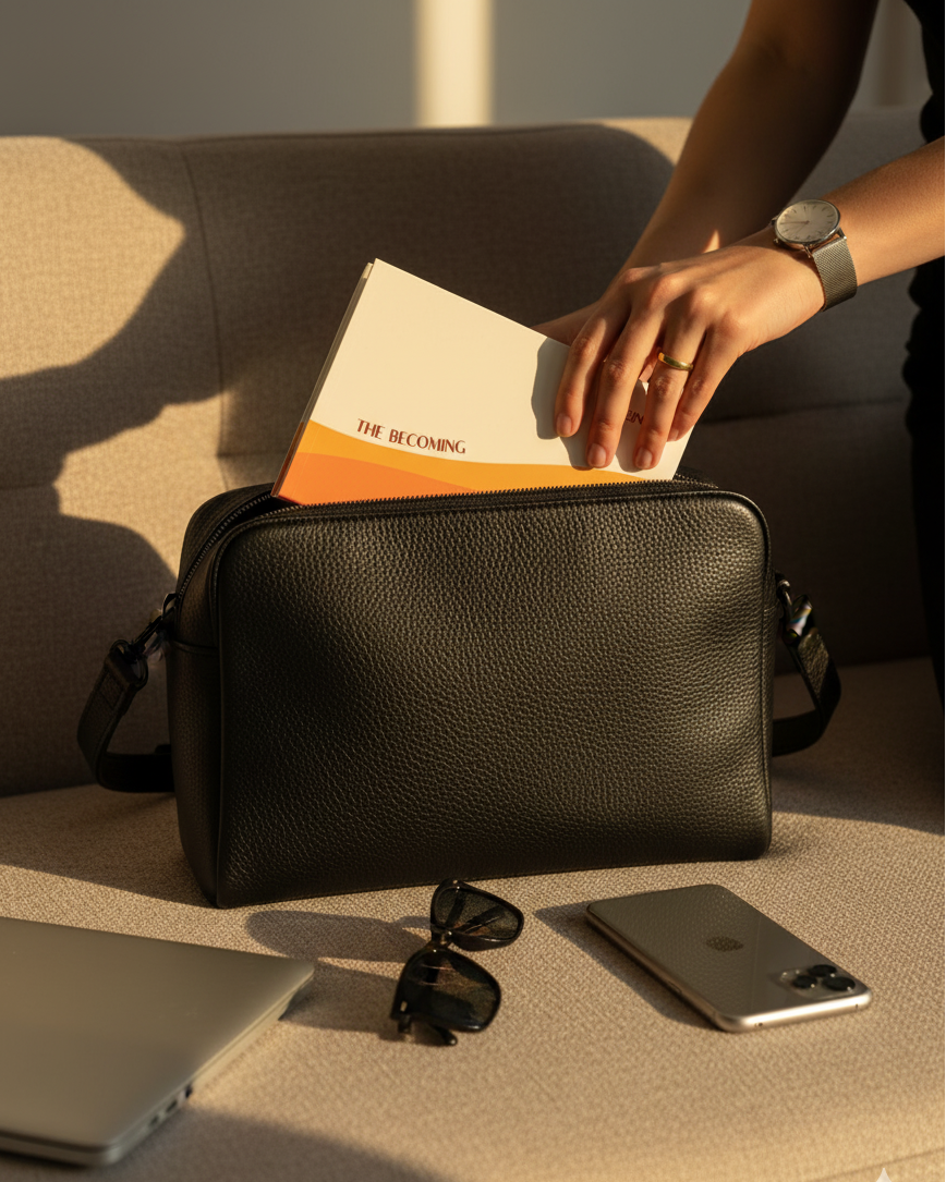 Person placing a book into a black leather bag on a beige surface with a phone and sunglasses nearby.