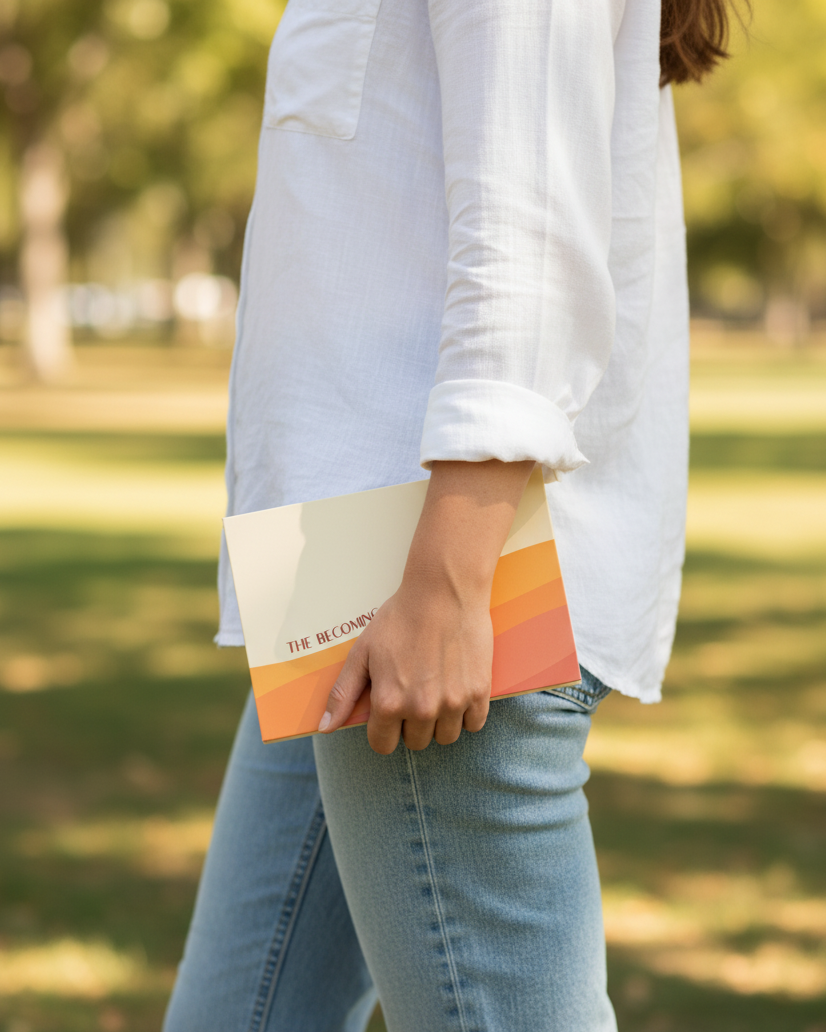 Person holding a colorful book in a park